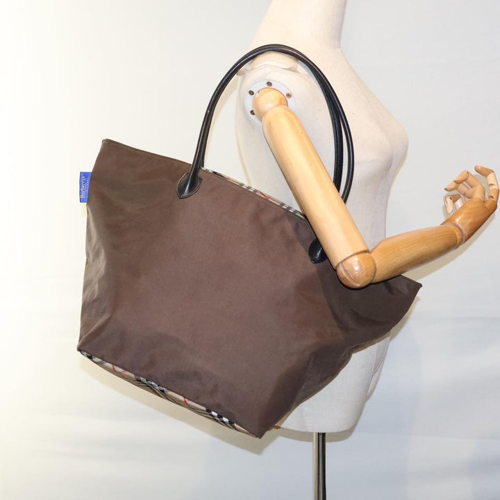 BurberrySs Nova Check Blue Label Hand Bag Nylon Brown Black Auth bs13689