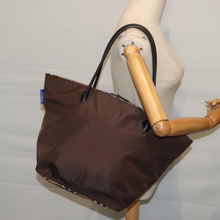 BurberrySs Nova Check Blue Label Tote Bag Nylon Brown Auth bs13863