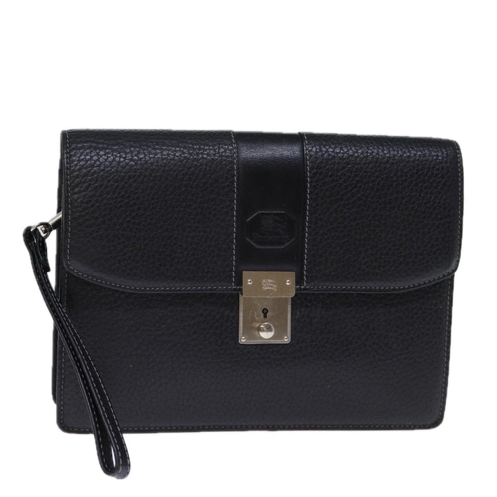 BurberrySs Clutch Bag Leather Black Auth bs13915