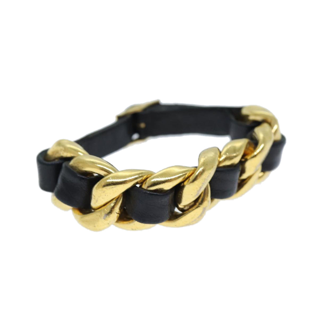 Chanel Bracelet Metal Leather Gold Black CC Auth bs13971
