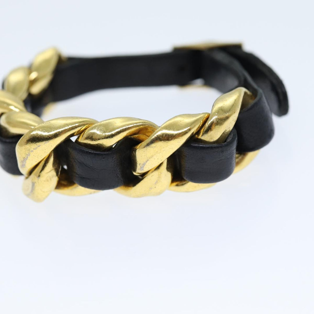 Chanel Bracelet Metal Leather Gold Black CC Auth bs13971