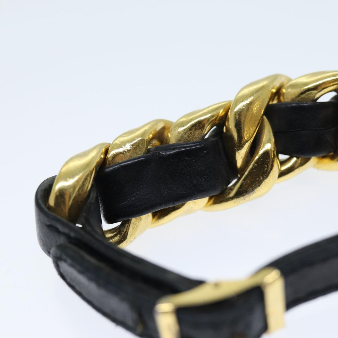 Chanel Bracelet Metal Leather Gold Black CC Auth bs13971