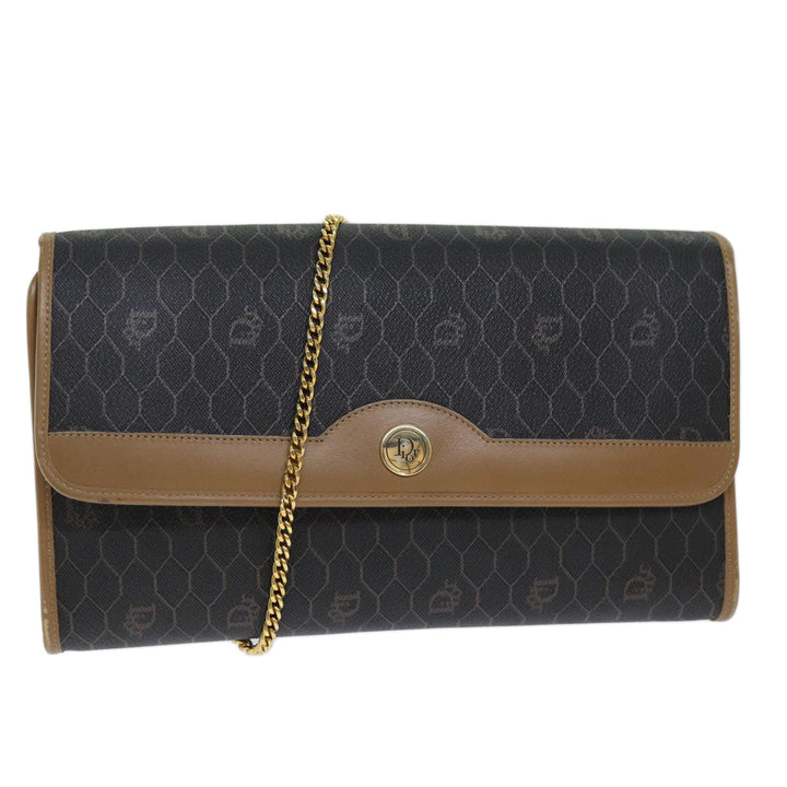 CHRISTIAN Dior Honeycomb Canvas Chain Bag PVC Leather Black Auth bs14329