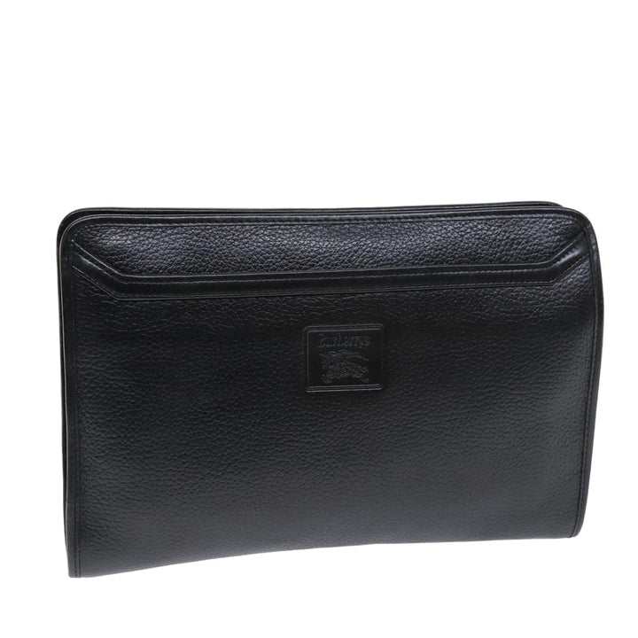BurberrySs Clutch Bag Leather Black Auth bs14646