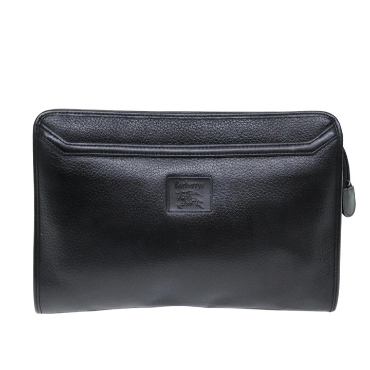 BurberrySs Clutch Bag Leather Black Auth bs14647