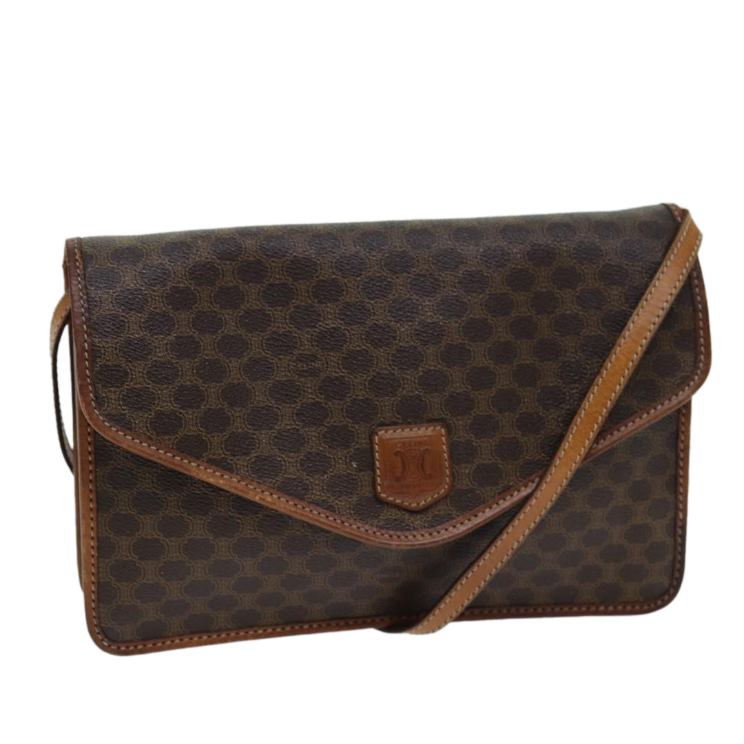 Celine Macadam Canvas Shoulder Bag PVC Leather Brown Auth bs14939