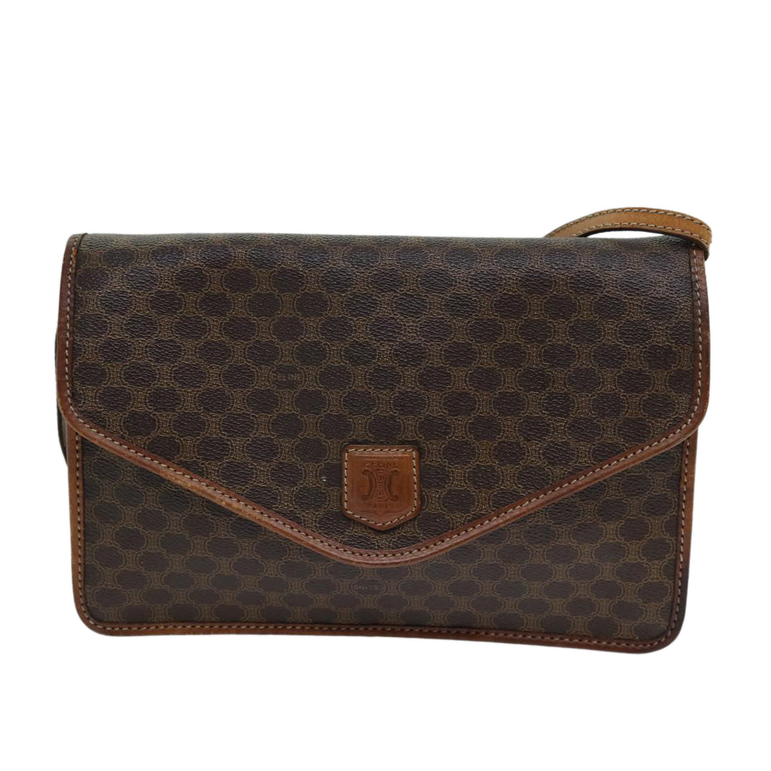 Celine Macadam Canvas Shoulder Bag PVC Leather Brown Auth bs14939