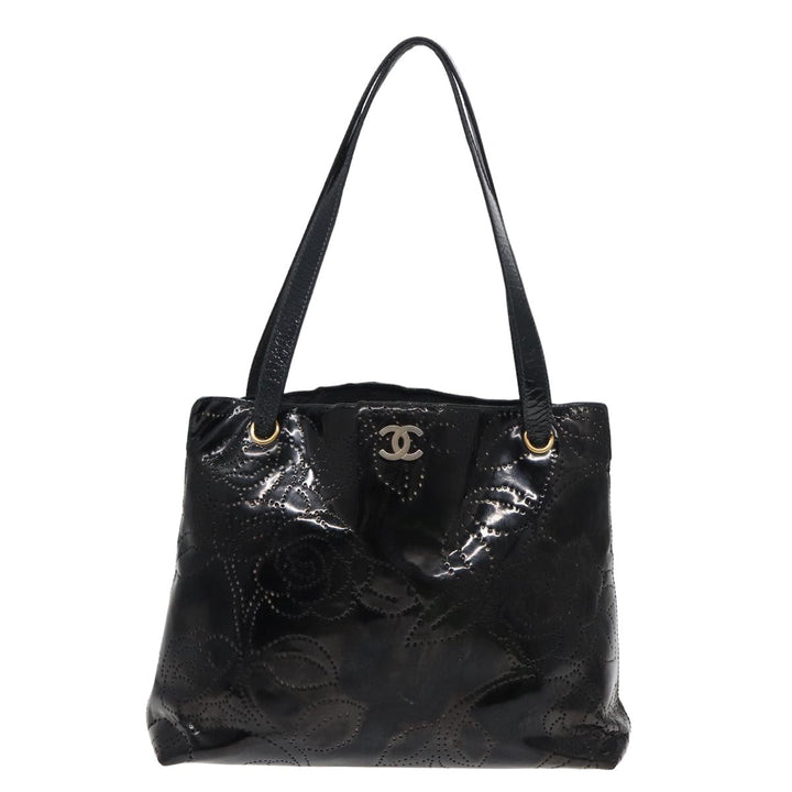 Chanel Camelia Tote Bag Enamel Black CC Auth bs16043
