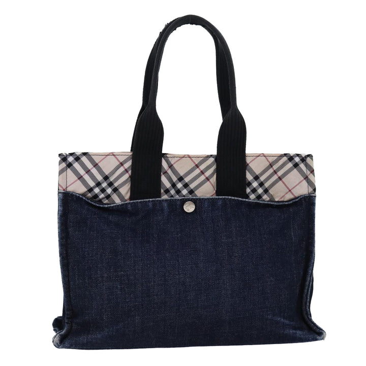 Burberry Nova Check Blue Label Tote Bag Denim Beige Navy Silver Auth bs16584
