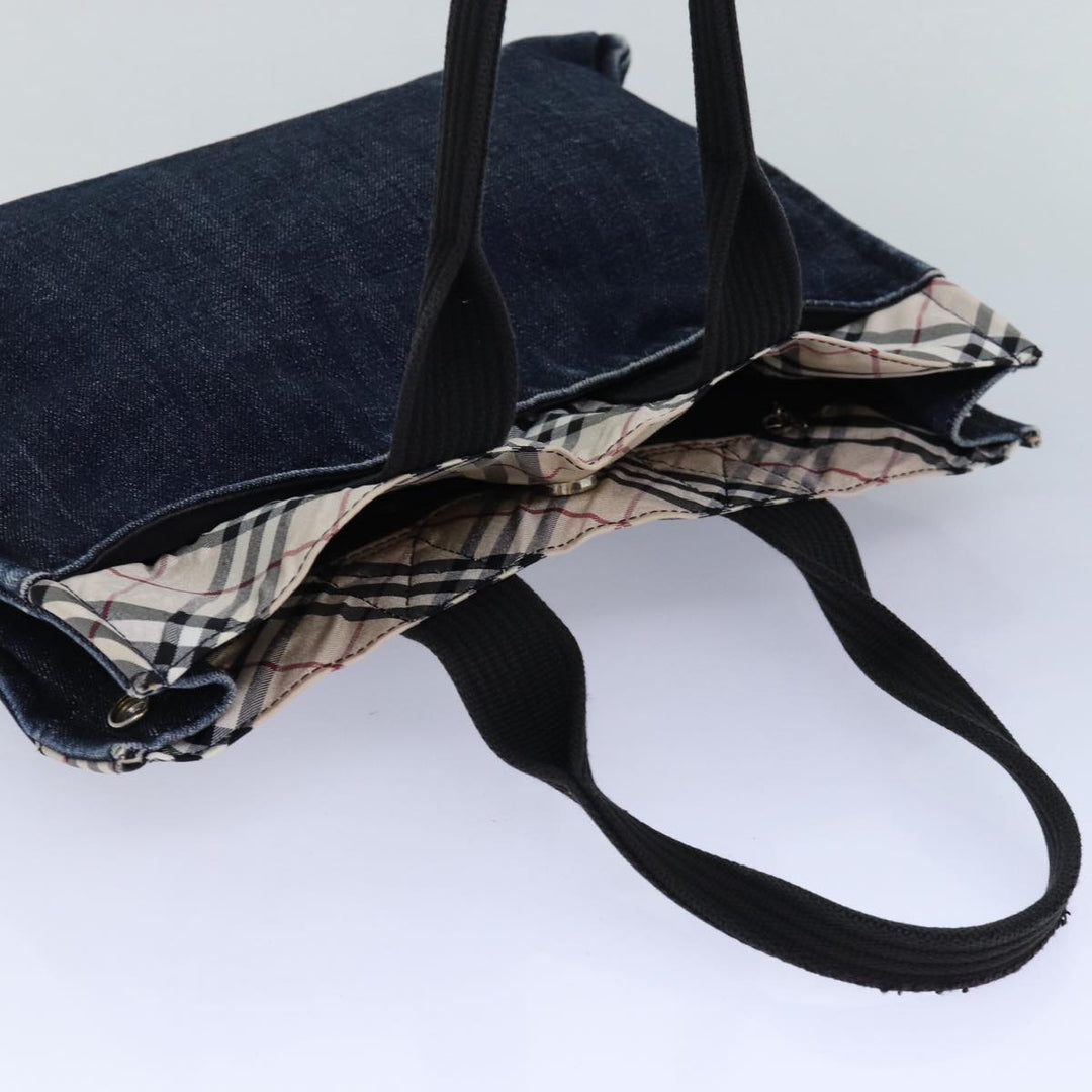 Burberry Nova Check Blue Label Tote Bag Denim Beige Navy Silver Auth bs16584