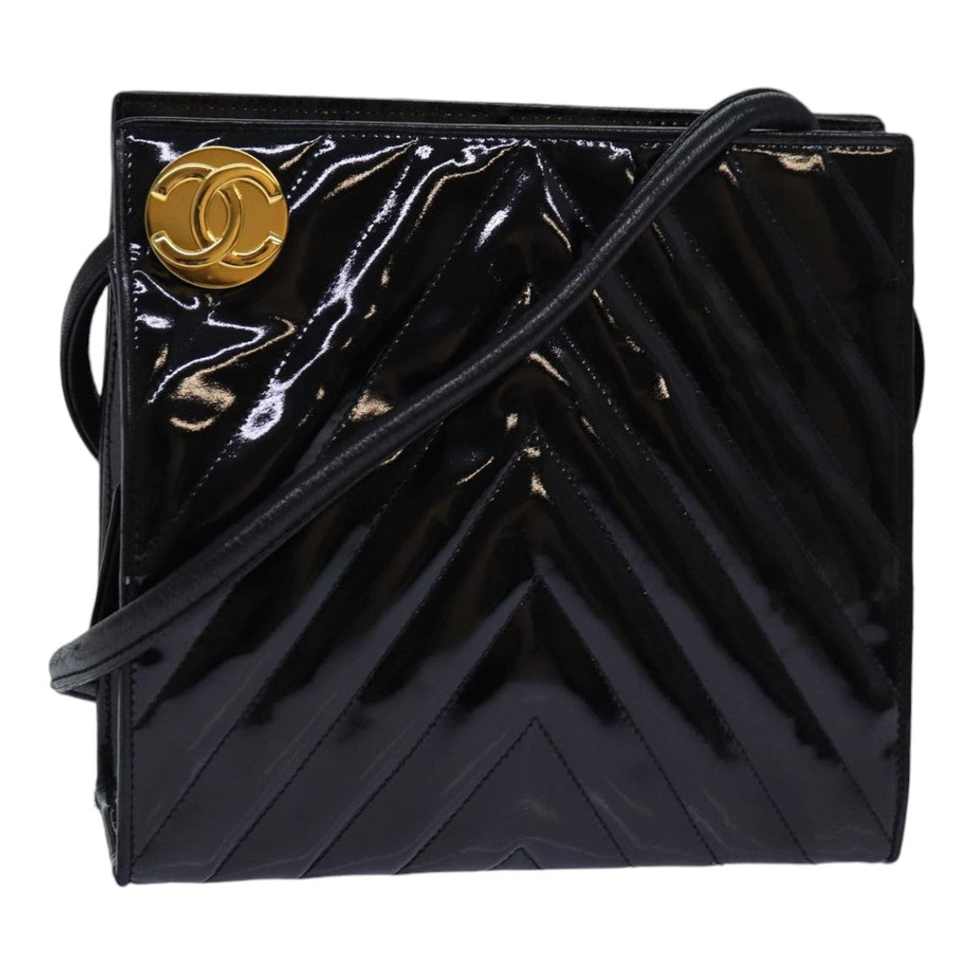 Chanel V stitch COCO Mark Shoulder Bag Enamel Black CC Auth bs16640