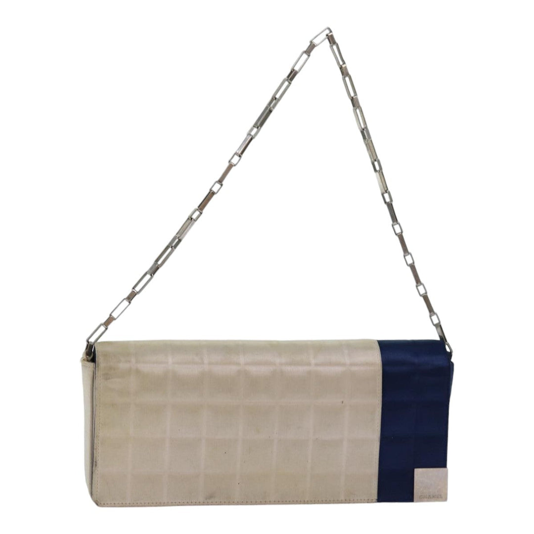 Chanel Choco Bar Chain Hand Bag Satin Beige Navy CC Auth bs16725