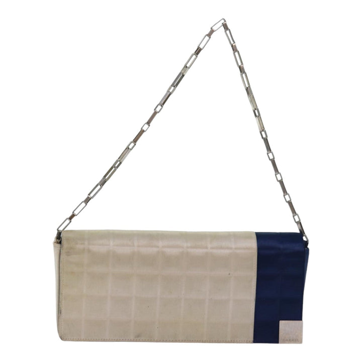 Chanel Choco Bar Chain Hand Bag Satin Beige Navy CC Auth bs16725