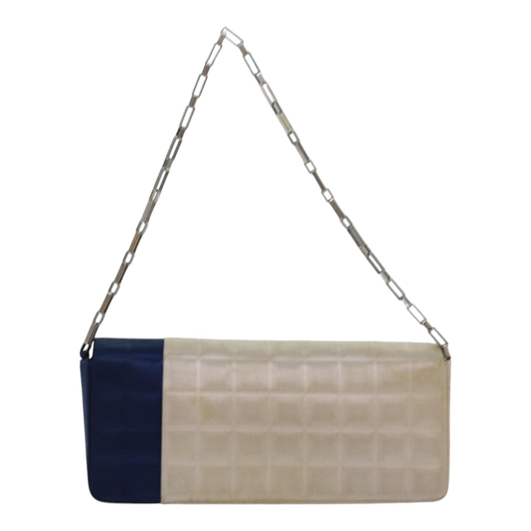 Chanel Choco Bar Chain Hand Bag Satin Beige Navy CC Auth bs16725