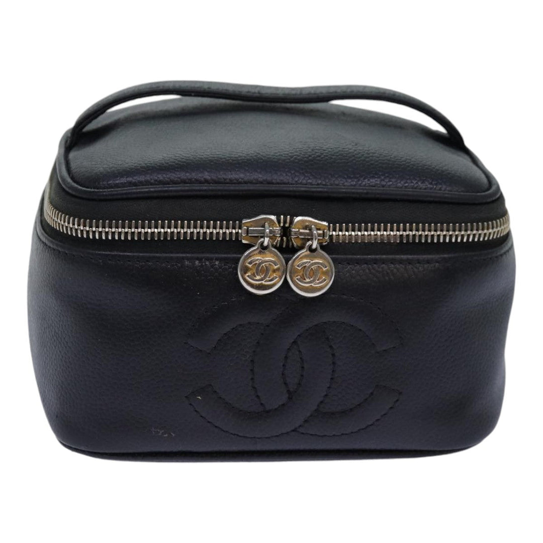 Top Quality Chanel COCO Mark Vanity Cosmetic Pouch Caviar Skin Black CC Auth bs16727