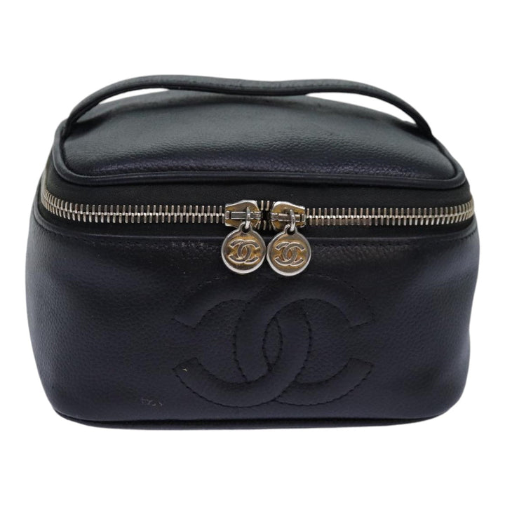 Top Quality Chanel COCO Mark Vanity Cosmetic Pouch Caviar Skin Black CC Auth bs16727