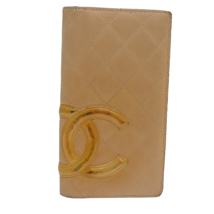 Chanel Cambon Line Matelasse Long Wallet Leather Beige CC Auth bs16763