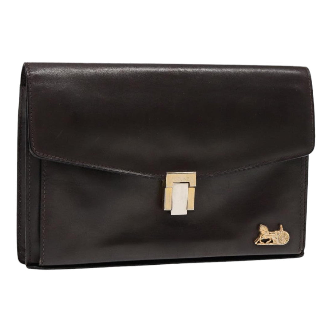 Celine Clutch Bag Leather Brown Gold Auth bs16841