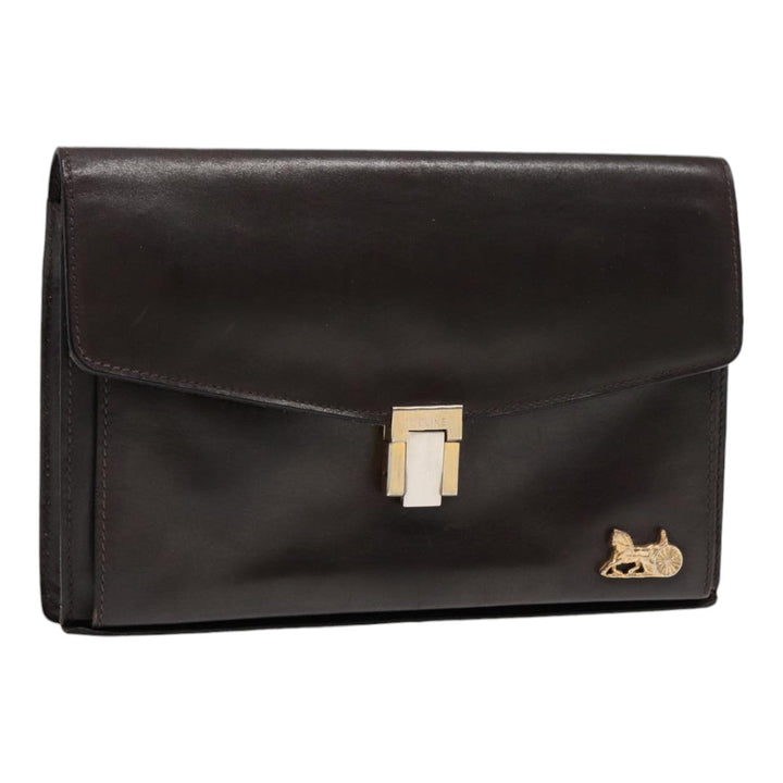 Celine Clutch Bag Leather Brown Gold Auth bs16841