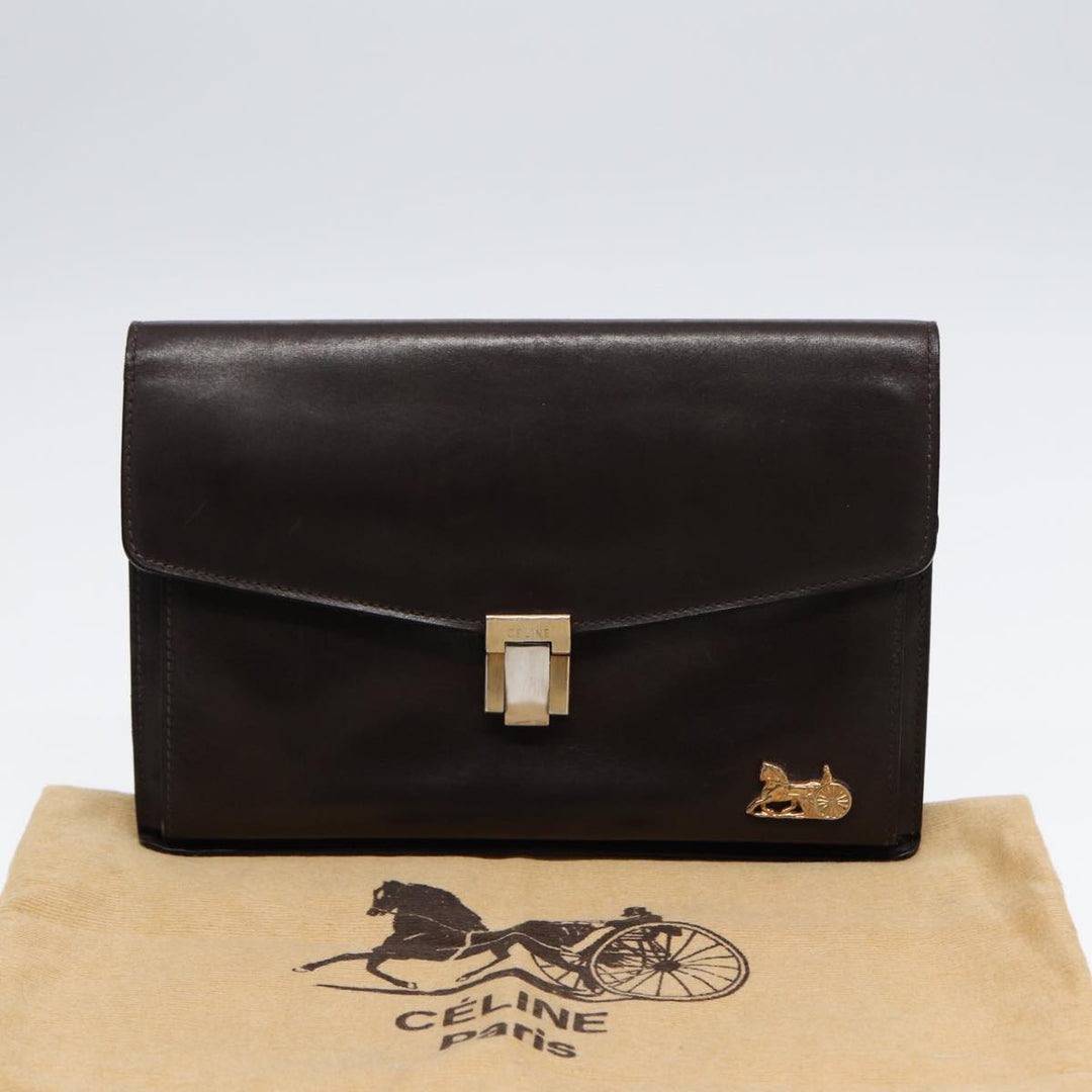 Celine Clutch Bag Leather Brown Gold Auth bs16841