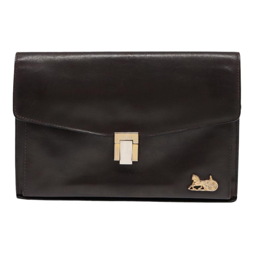 Celine Clutch Bag Leather Brown Gold Auth bs16841