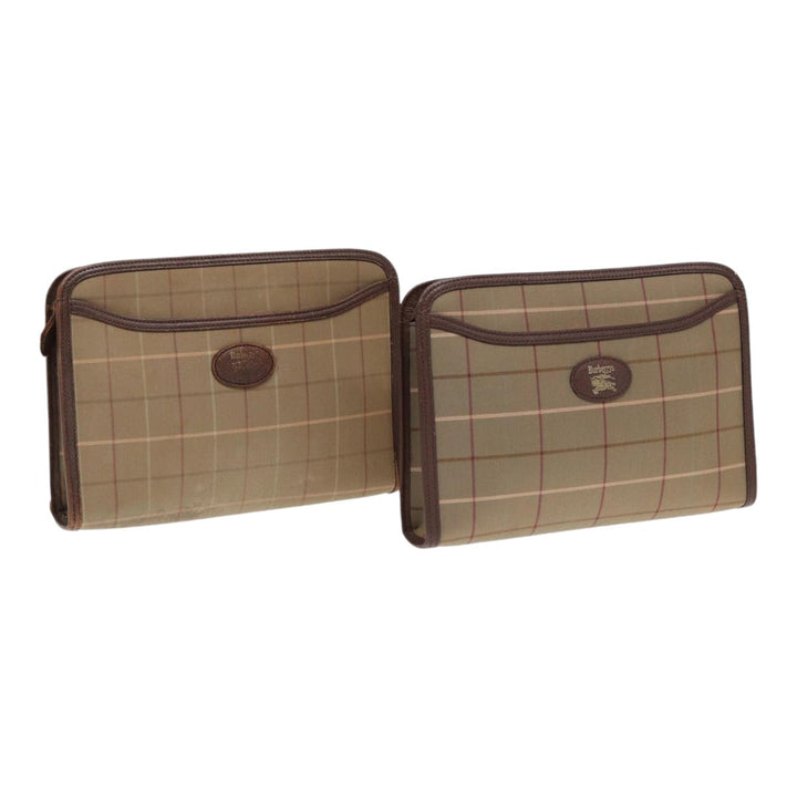 BurberrySs Nova Check Clutch Bag Canvas Leather 2Set Brown Beige Auth bs16912