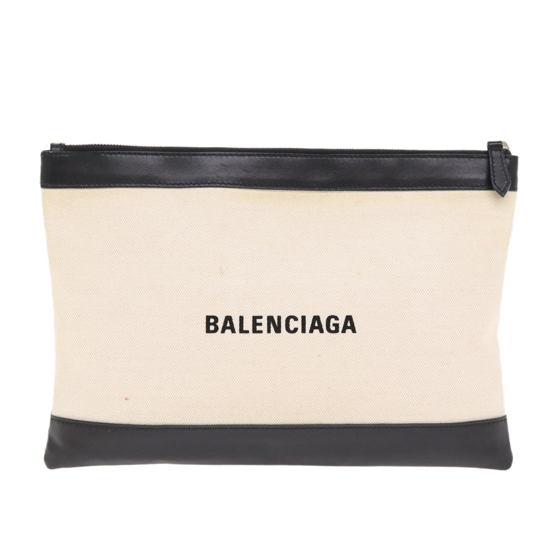 Top Quality Balenciaga Clip M Clutch Bag Canvas Leather Beige Silver 373834 Auth bs16915