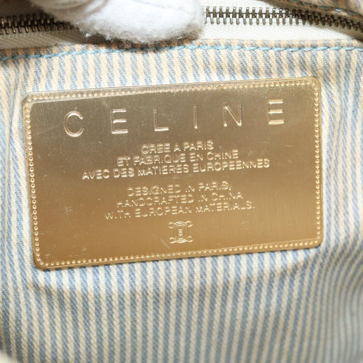 Celine C Macadam Canvas Shoulder Bag Leather Light Blue White gold Auth bs16956