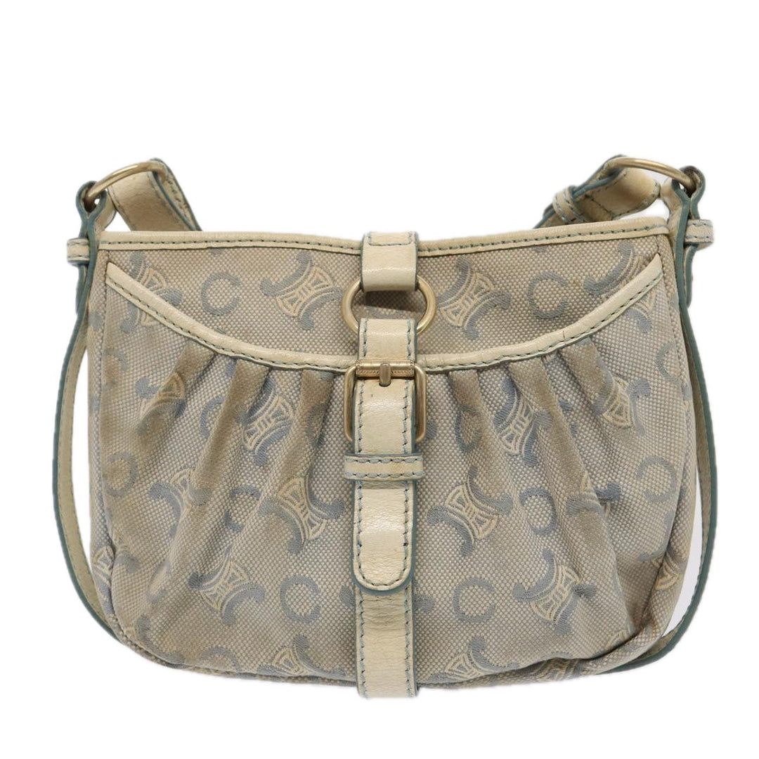 Celine C Macadam Canvas Shoulder Bag Leather Light Blue White gold Auth bs16956