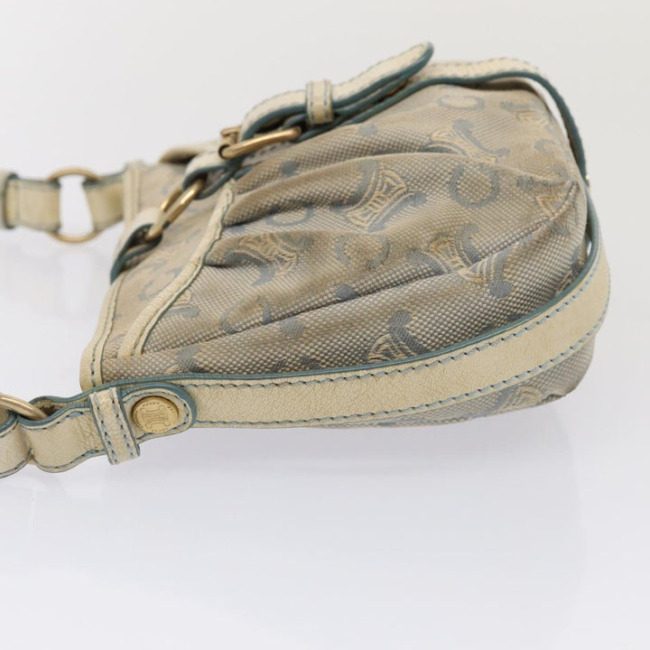 Celine C Macadam Canvas Shoulder Bag Leather Light Blue White gold Auth bs16956