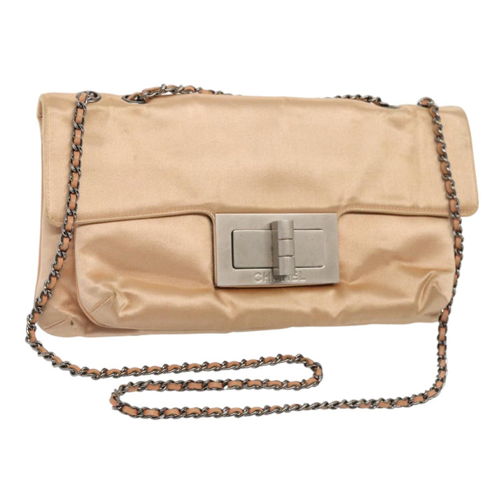 Top Quality Chanel Chain Shoulder Bag Satin Beige Silver CC Auth bs16982