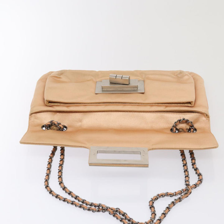 Top Quality Chanel Chain Shoulder Bag Satin Beige Silver CC Auth bs16982