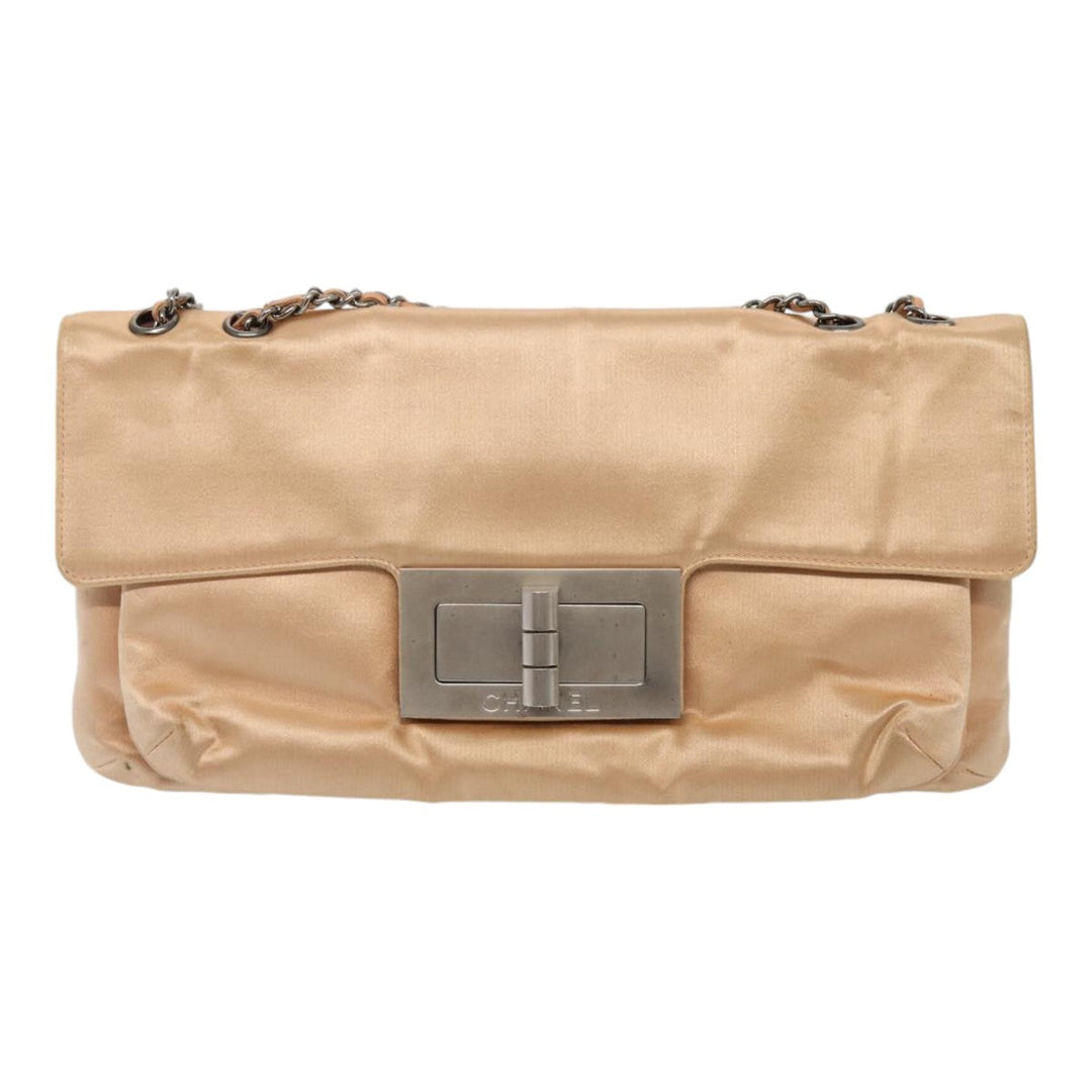 Top Quality Chanel Chain Shoulder Bag Satin Beige Silver CC Auth bs16982