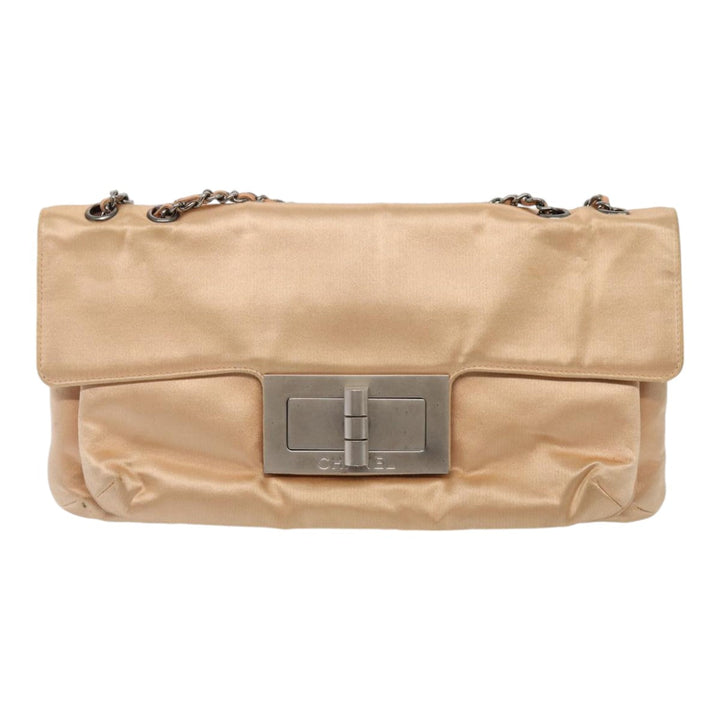 Top Quality Chanel Chain Shoulder Bag Satin Beige Silver CC Auth bs16982