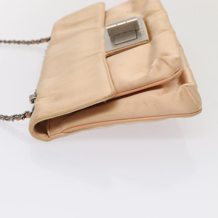 Top Quality Chanel Chain Shoulder Bag Satin Beige Silver CC Auth bs16982