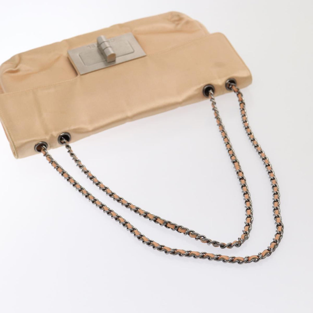 Top Quality Chanel Chain Shoulder Bag Satin Beige Silver CC Auth bs16982