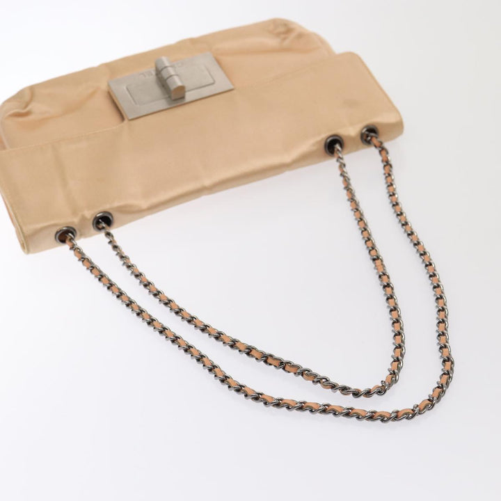 Top Quality Chanel Chain Shoulder Bag Satin Beige Silver CC Auth bs16982