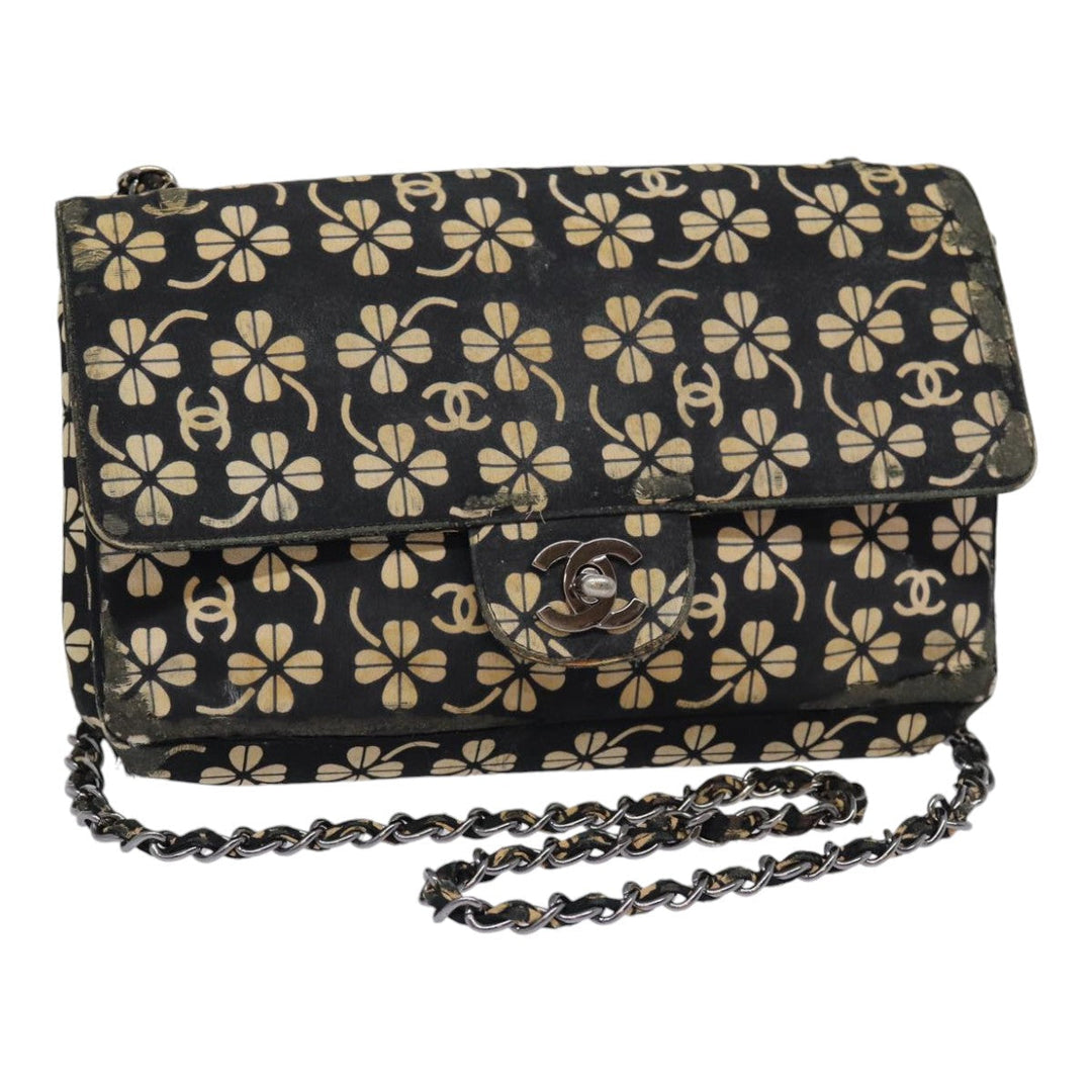 Top Quality Chanel Clover Turn Lock Chain Shoulder Bag Canvas Black Silver CC Auth bs16983
