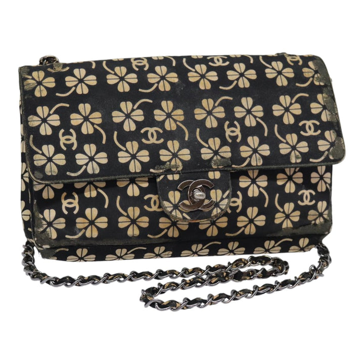 Top Quality Chanel Clover Turn Lock Chain Shoulder Bag Canvas Black Silver CC Auth bs16983