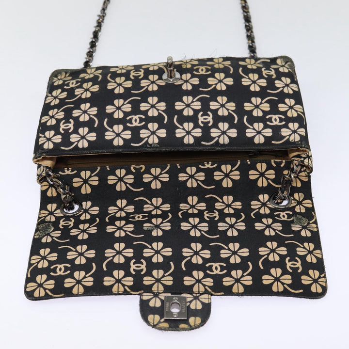 Top Quality Chanel Clover Turn Lock Chain Shoulder Bag Canvas Black Silver CC Auth bs16983