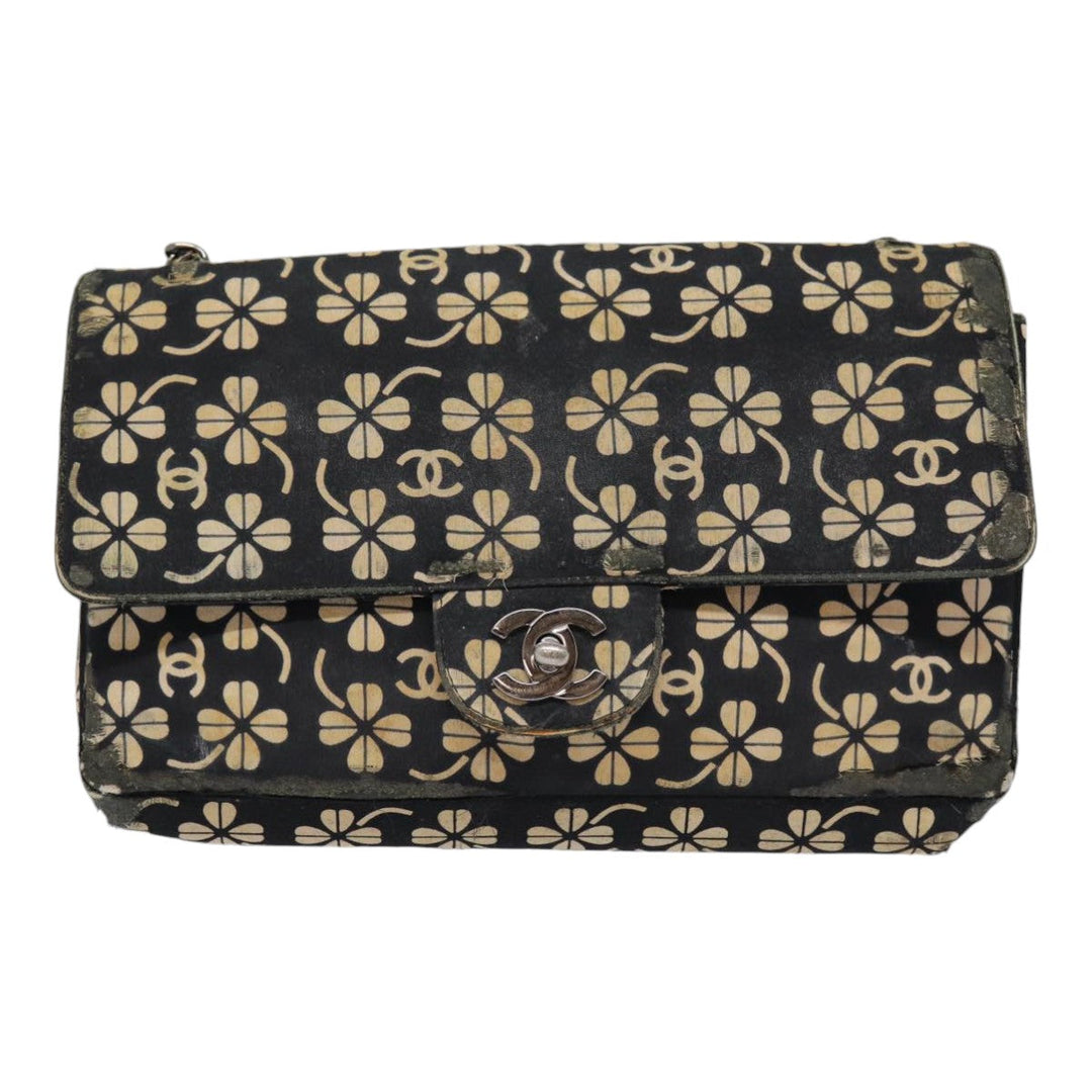 Top Quality Chanel Clover Turn Lock Chain Shoulder Bag Canvas Black Silver CC Auth bs16983
