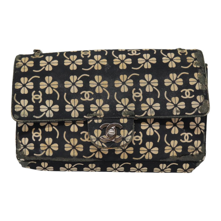 Top Quality Chanel Clover Turn Lock Chain Shoulder Bag Canvas Black Silver CC Auth bs16983