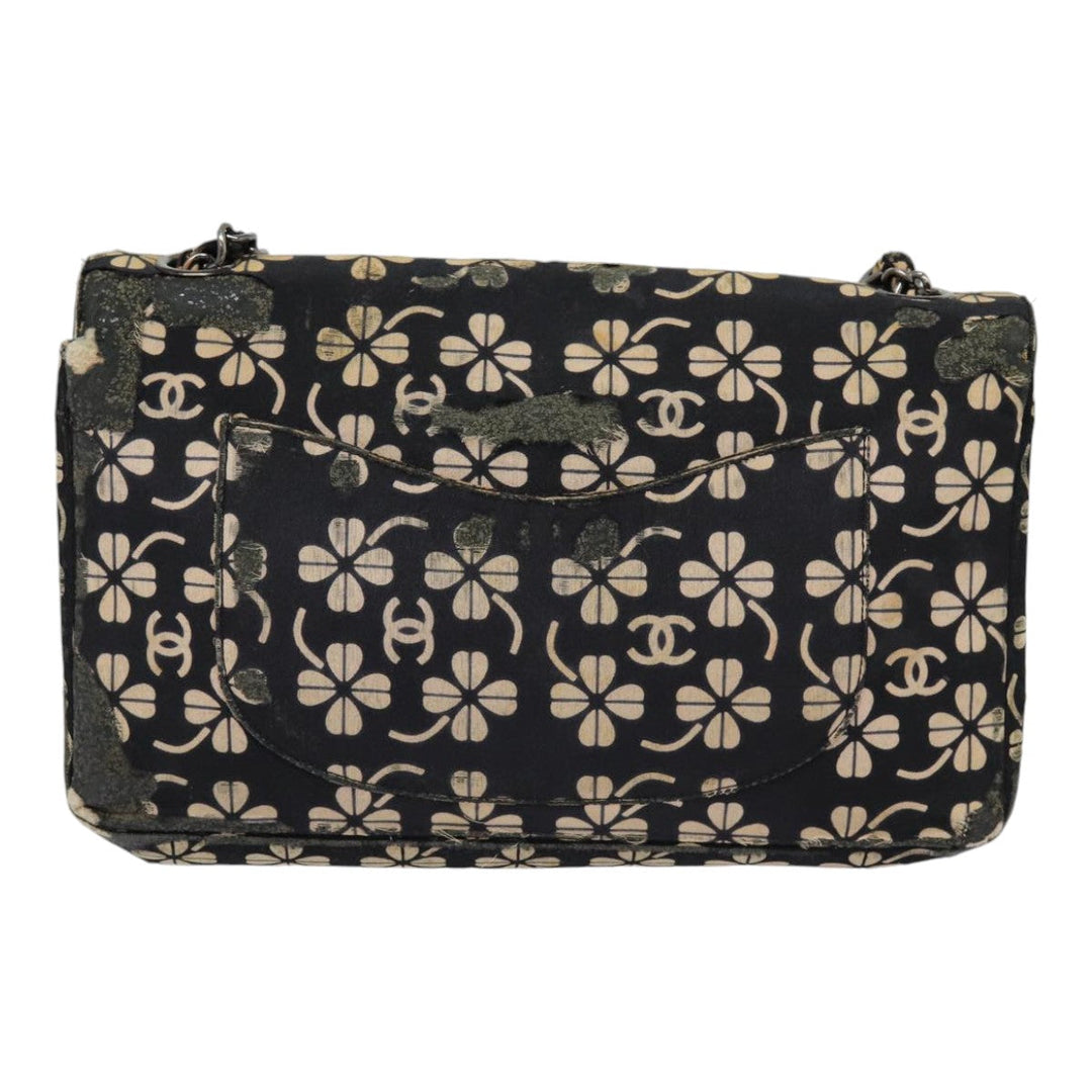 Top Quality Chanel Clover Turn Lock Chain Shoulder Bag Canvas Black Silver CC Auth bs16983