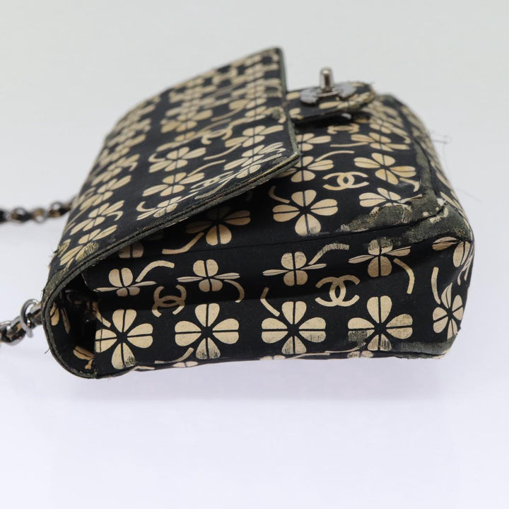 Top Quality Chanel Clover Turn Lock Chain Shoulder Bag Canvas Black Silver CC Auth bs16983