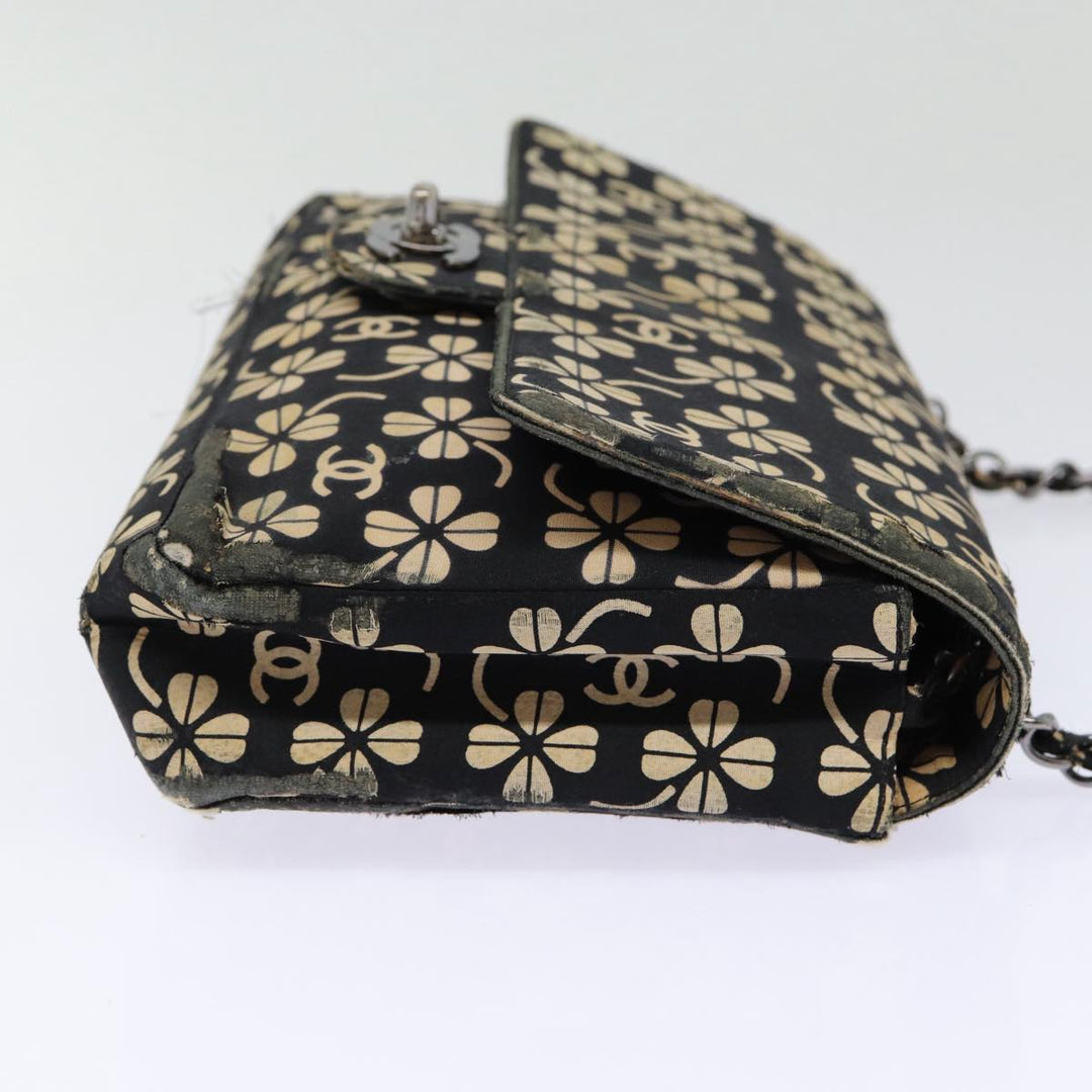 Top Quality Chanel Clover Turn Lock Chain Shoulder Bag Canvas Black Silver CC Auth bs16983