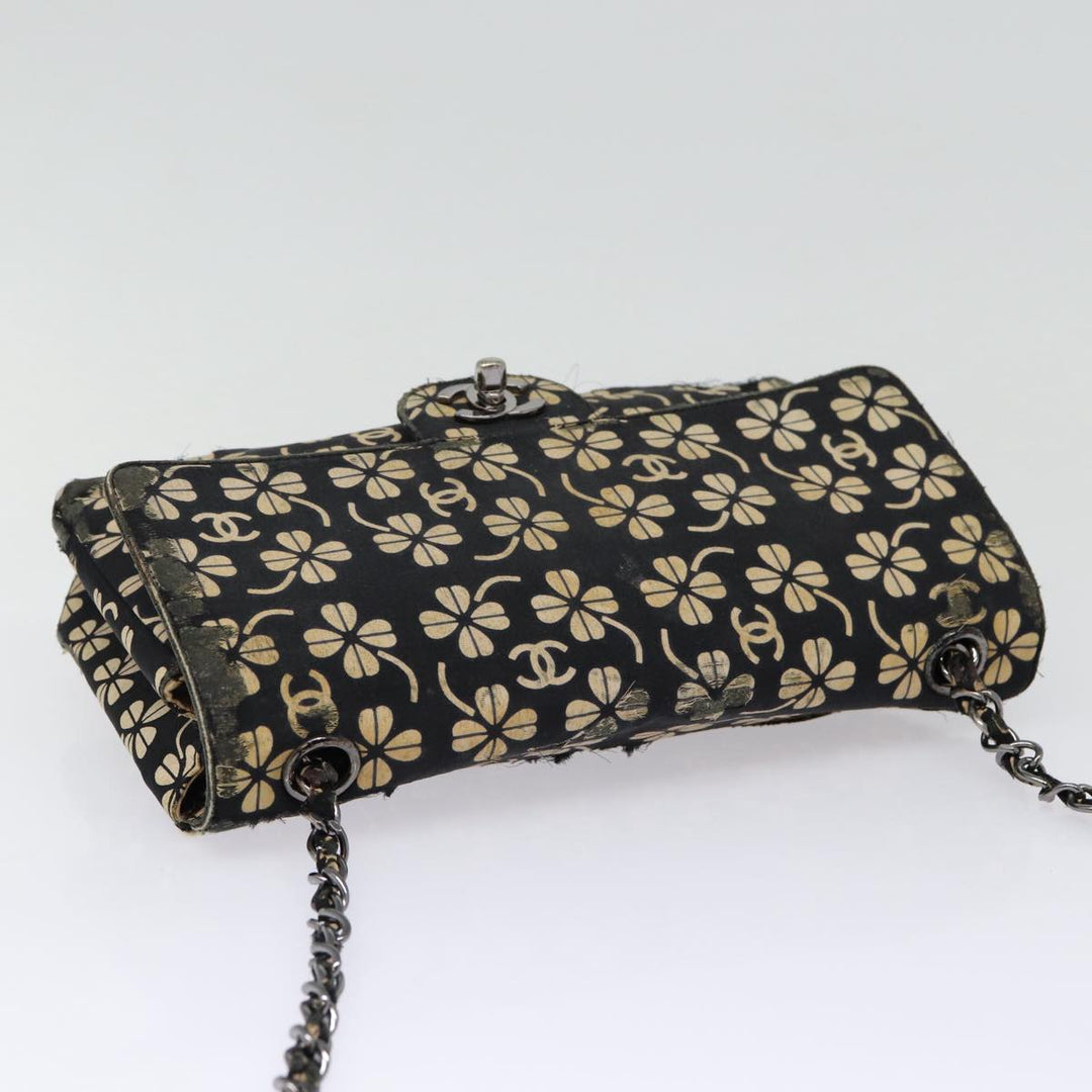 Top Quality Chanel Clover Turn Lock Chain Shoulder Bag Canvas Black Silver CC Auth bs16983