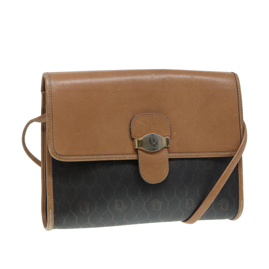 CHRISTIAN Top quality Dior Honeycomb Canvas Shoulder Bag PVC Black Brown gold Auth bs16995