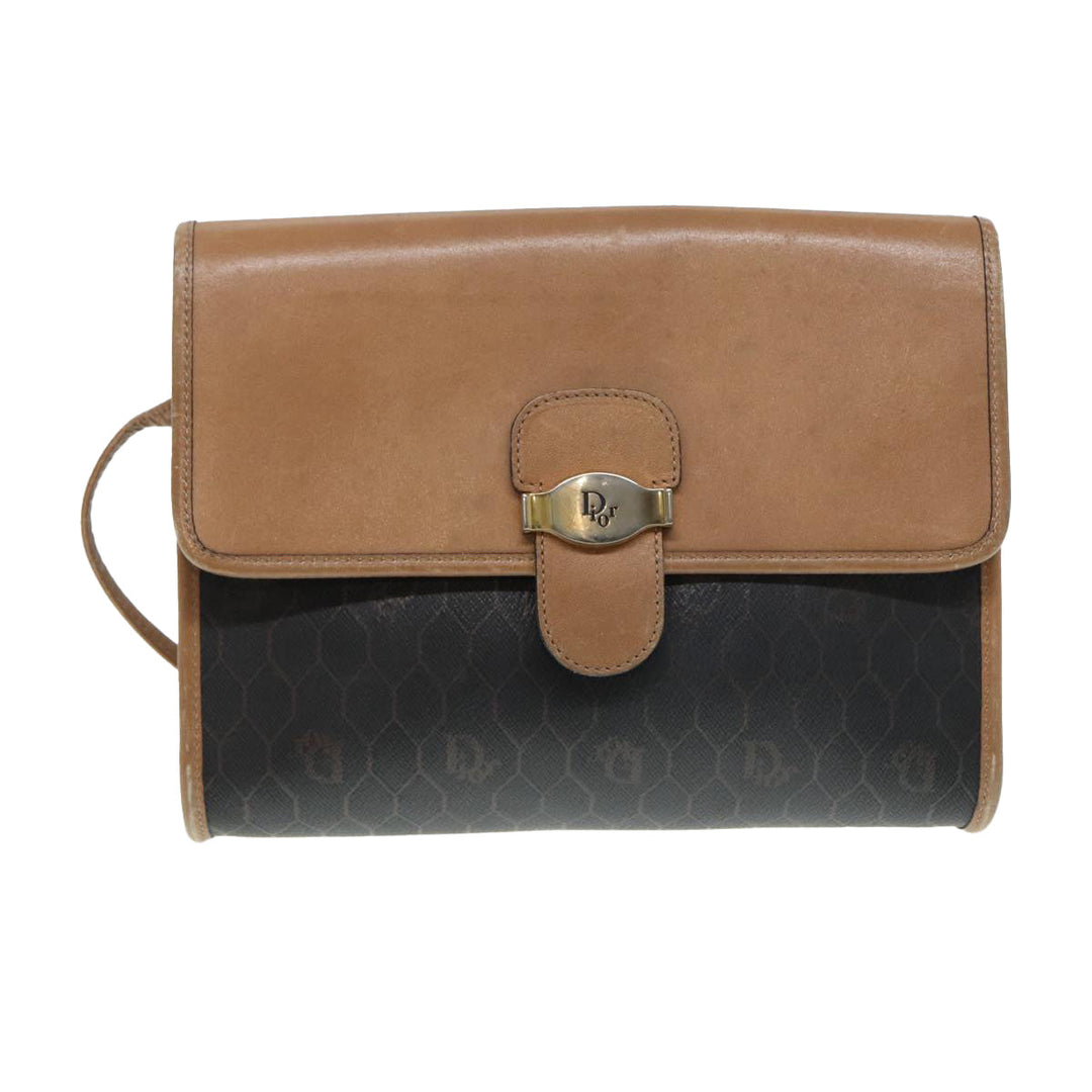 CHRISTIAN Top quality Dior Honeycomb Canvas Shoulder Bag PVC Black Brown gold Auth bs16995