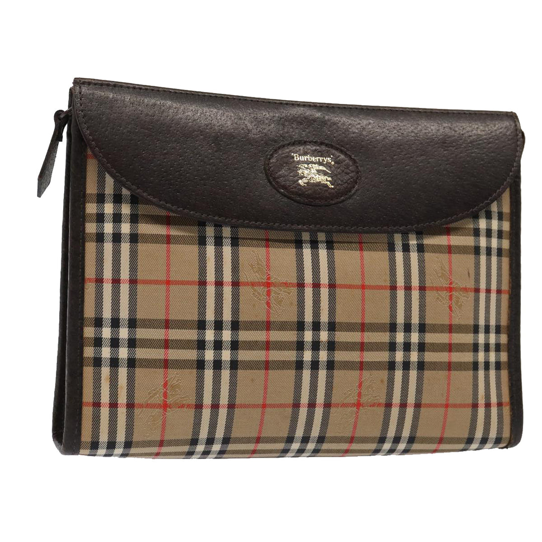 BurberrySs Nova Check Clutch Bag Canvas Leather Beige Brown gold Auth bs17029