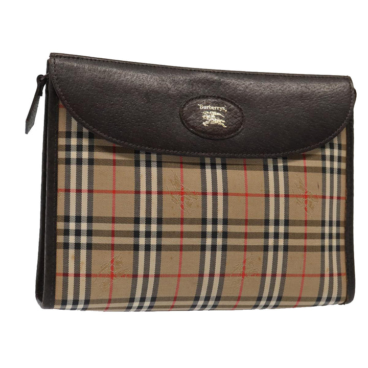 BurberrySs Nova Check Clutch Bag Canvas Leather Beige Brown gold Auth bs17029